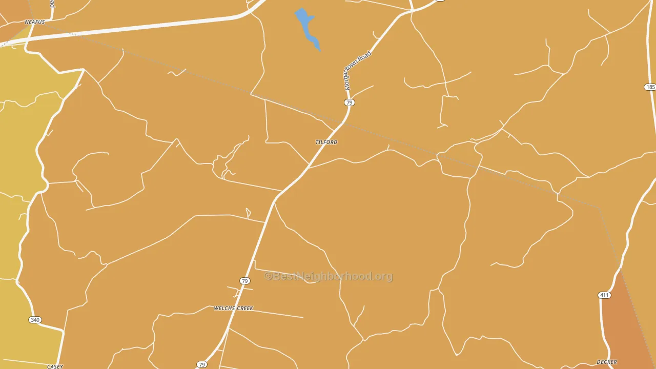 Map of the best neighborhoods in the Tilford area, with better matches in green and worse matches in red