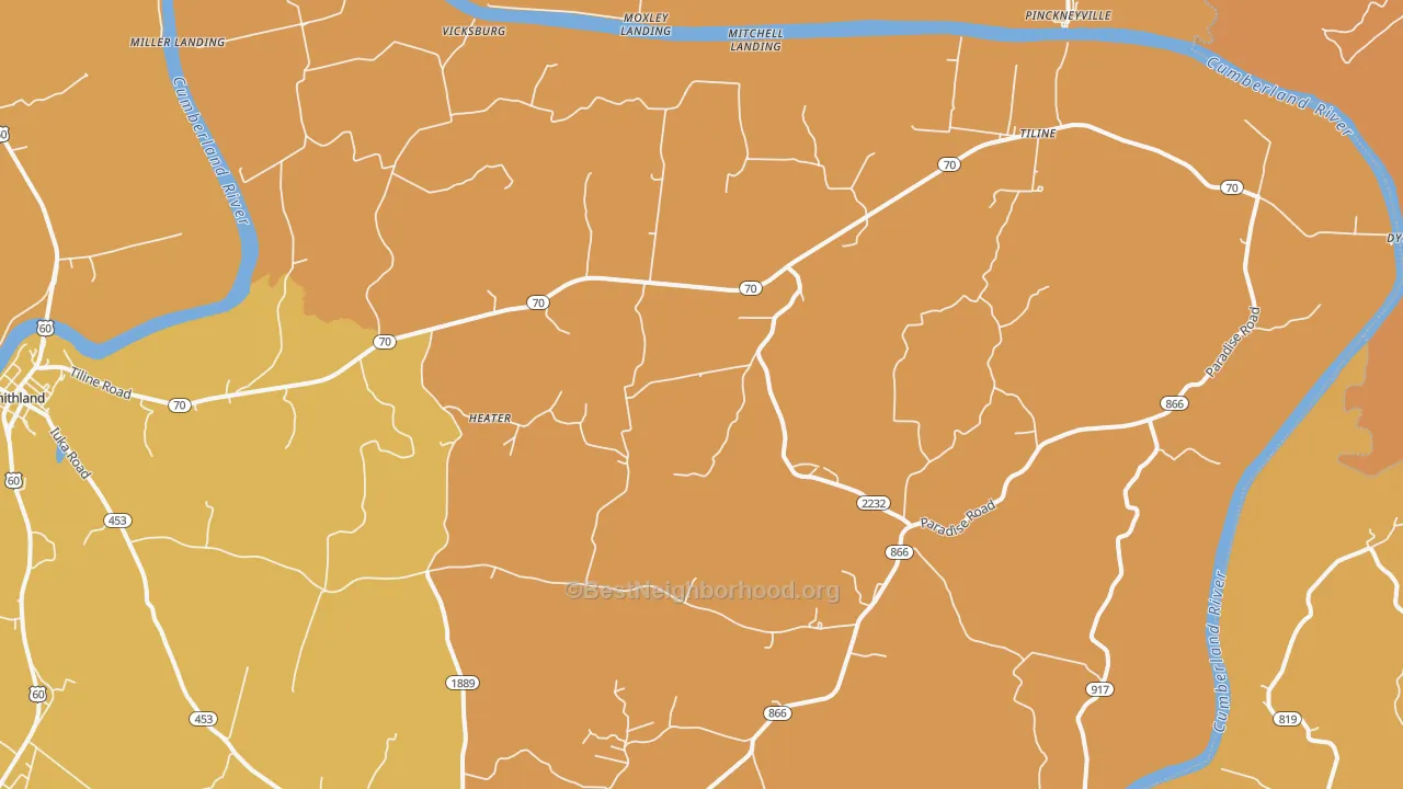 Map of the best neighborhoods in the Tiline area, with better matches in green and worse matches in red