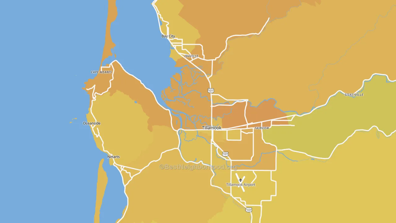 Map of the best neighborhoods in the Tillamook County area, with better matches in green and worse matches in red