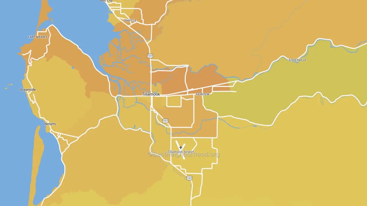 Map of the best neighborhoods in the Tillamook area, with better matches in green and worse matches in red