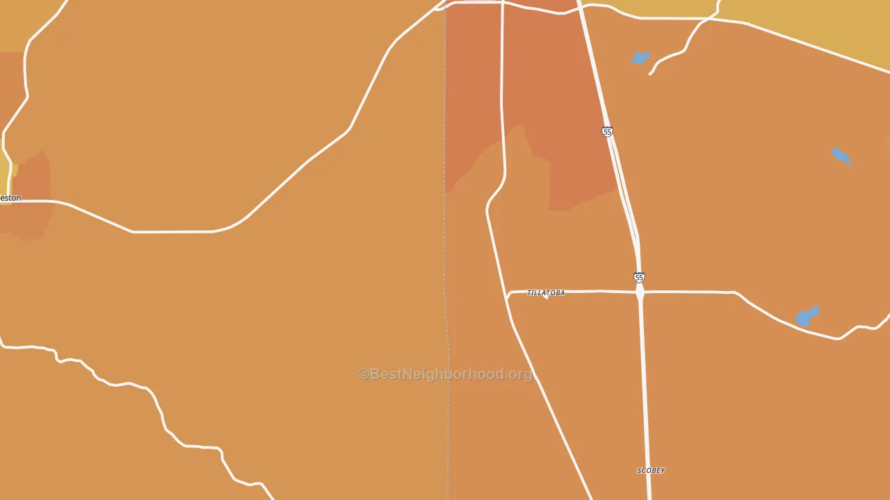 Map of the best neighborhoods in the Tillatoba area, with better matches in green and worse matches in red