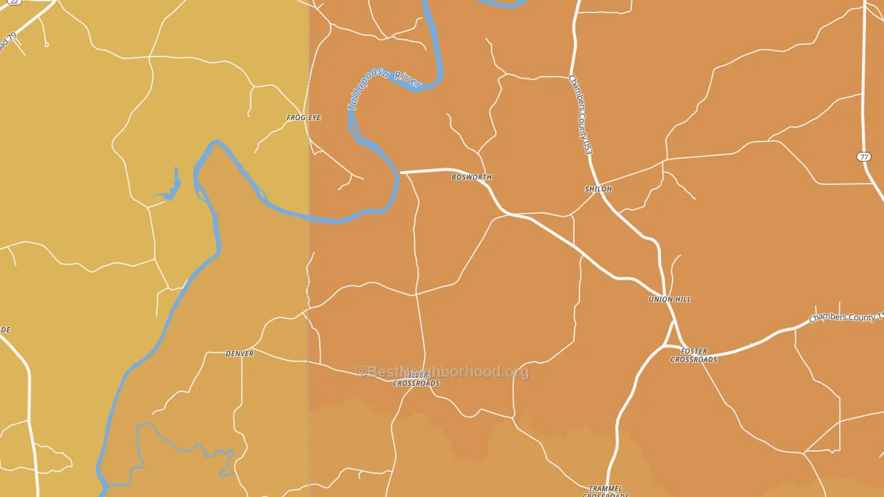 Map of the best neighborhoods in the Tiller Crossroads area, with better matches in green and worse matches in red
