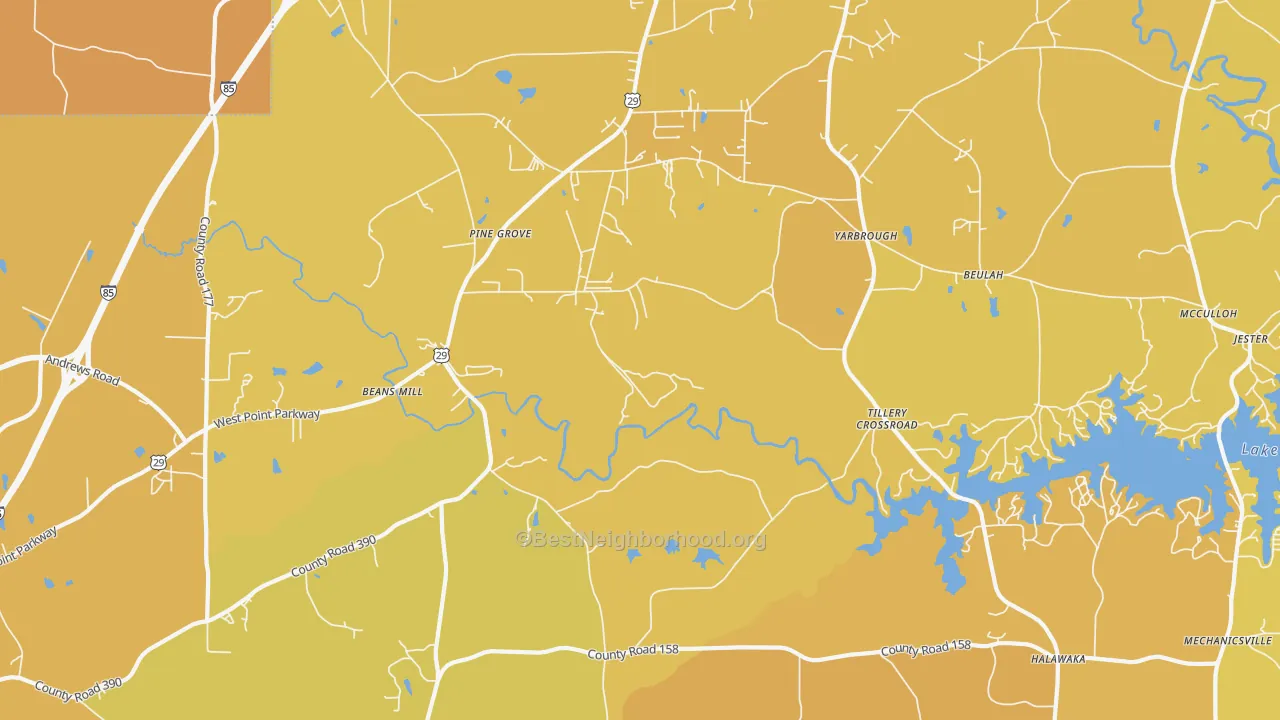 Map of the best neighborhoods in the Tillery Crossroads area, with better matches in green and worse matches in red