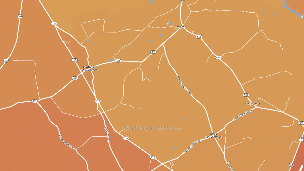 Map of the best neighborhoods in the Tillery area, with better matches in green and worse matches in red