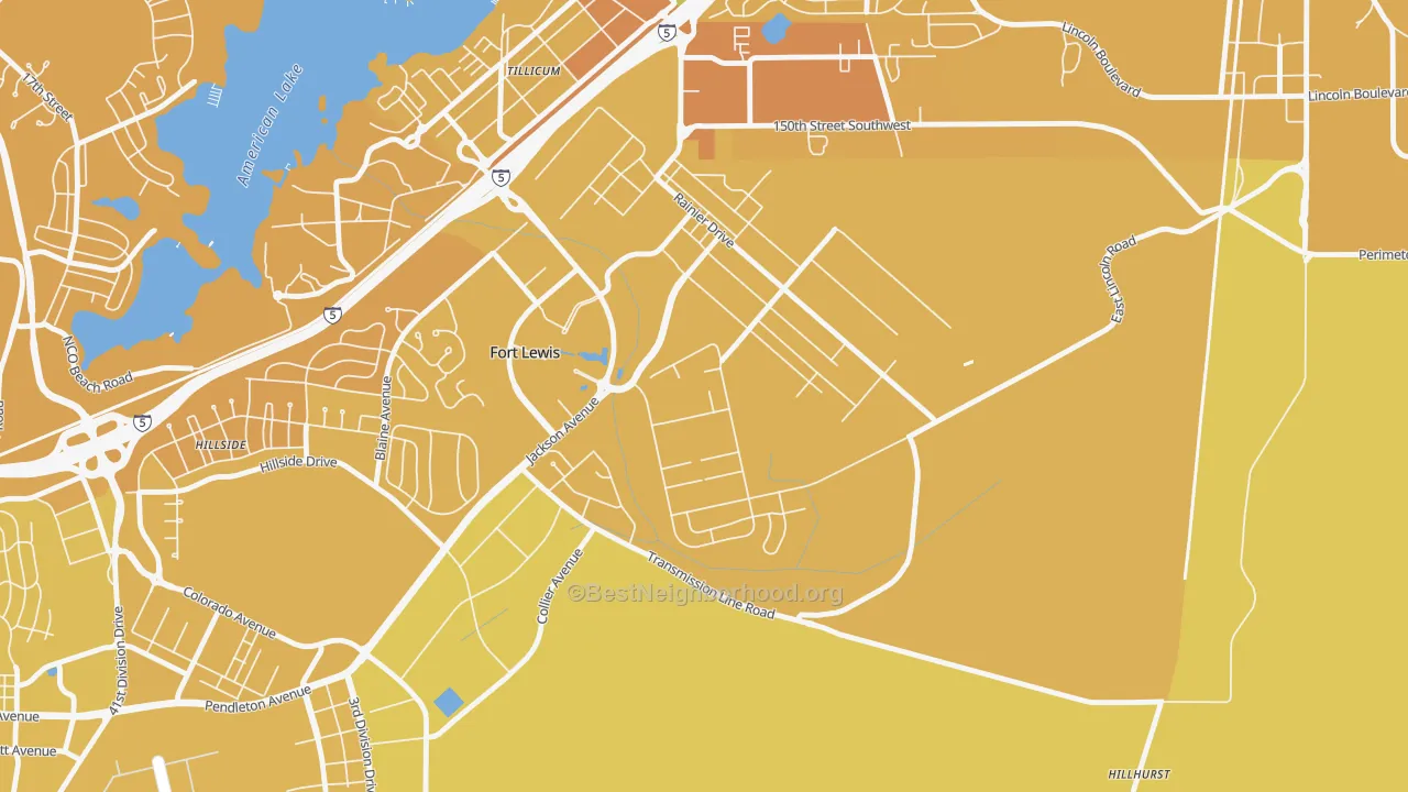 Map of the best neighborhoods in the Tillicum area, with better matches in green and worse matches in red