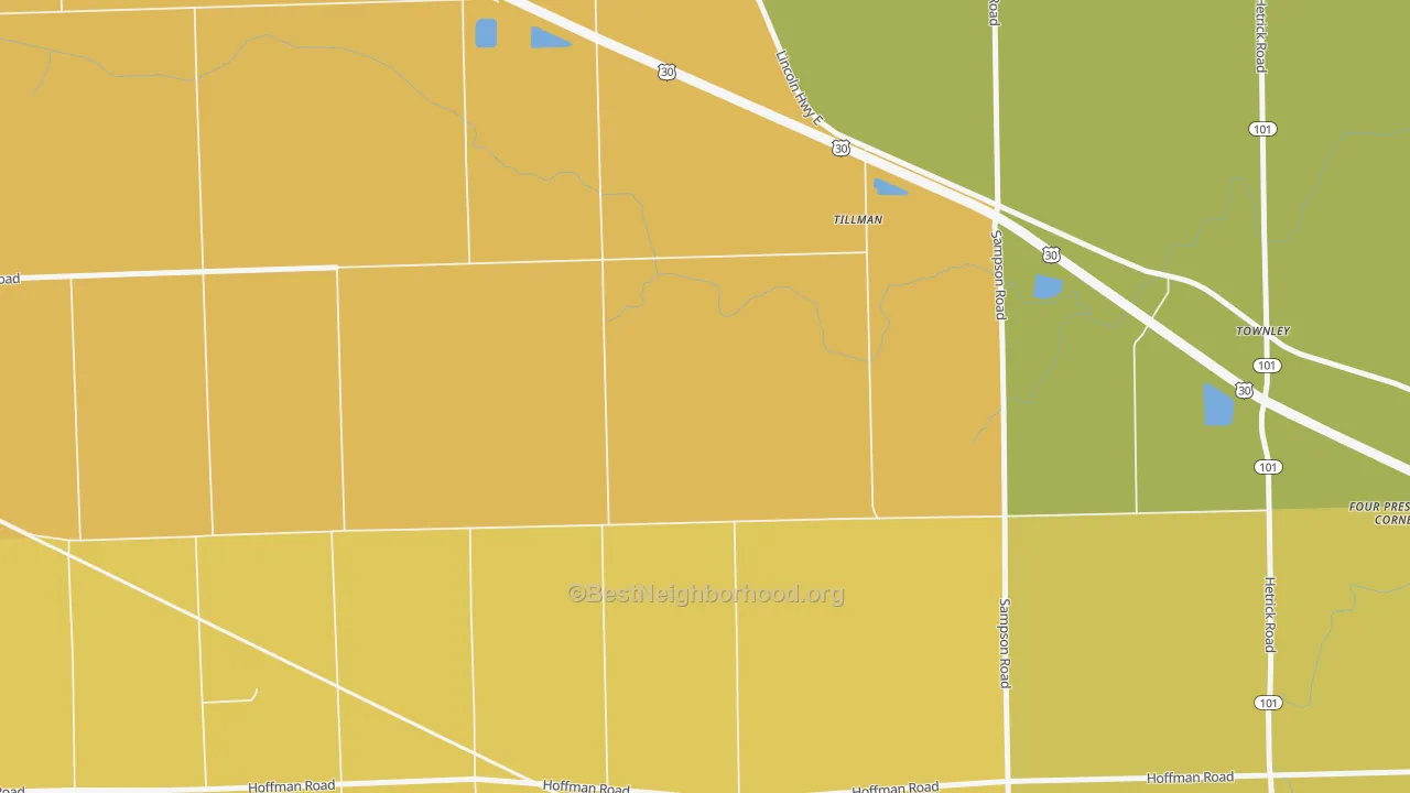 Map of the best neighborhoods in the Tillman area, with better matches in green and worse matches in red