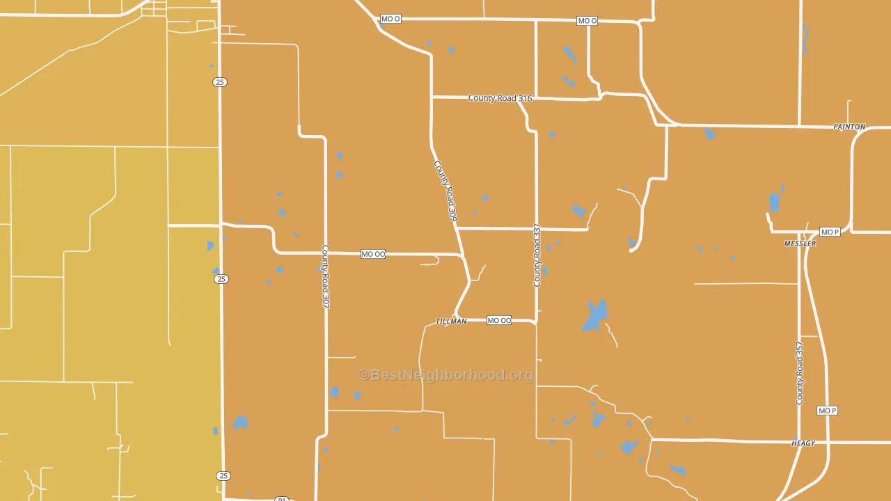 Map of the best neighborhoods in the Tillman area, with better matches in green and worse matches in red