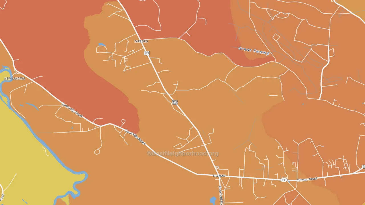Map of the best neighborhoods in the Tillman area, with better matches in green and worse matches in red