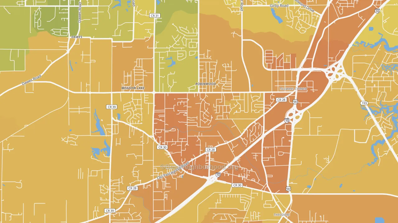 Map of the best neighborhoods in the Tillmans Corner area, with better matches in green and worse matches in red