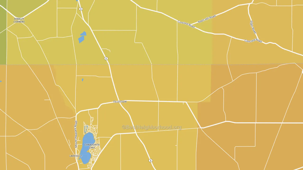 Map of the best neighborhoods in the Tillotson area, with better matches in green and worse matches in red