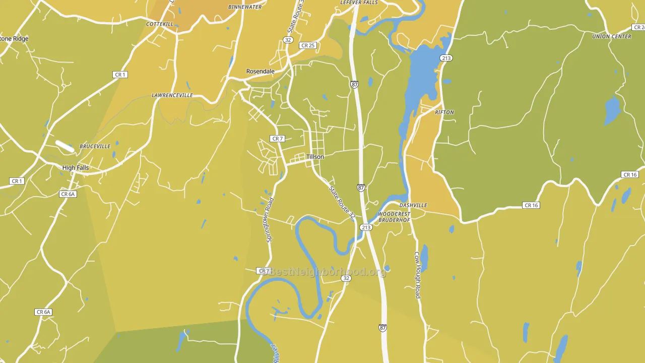 Map of the best neighborhoods in the Tillson area, with better matches in green and worse matches in red