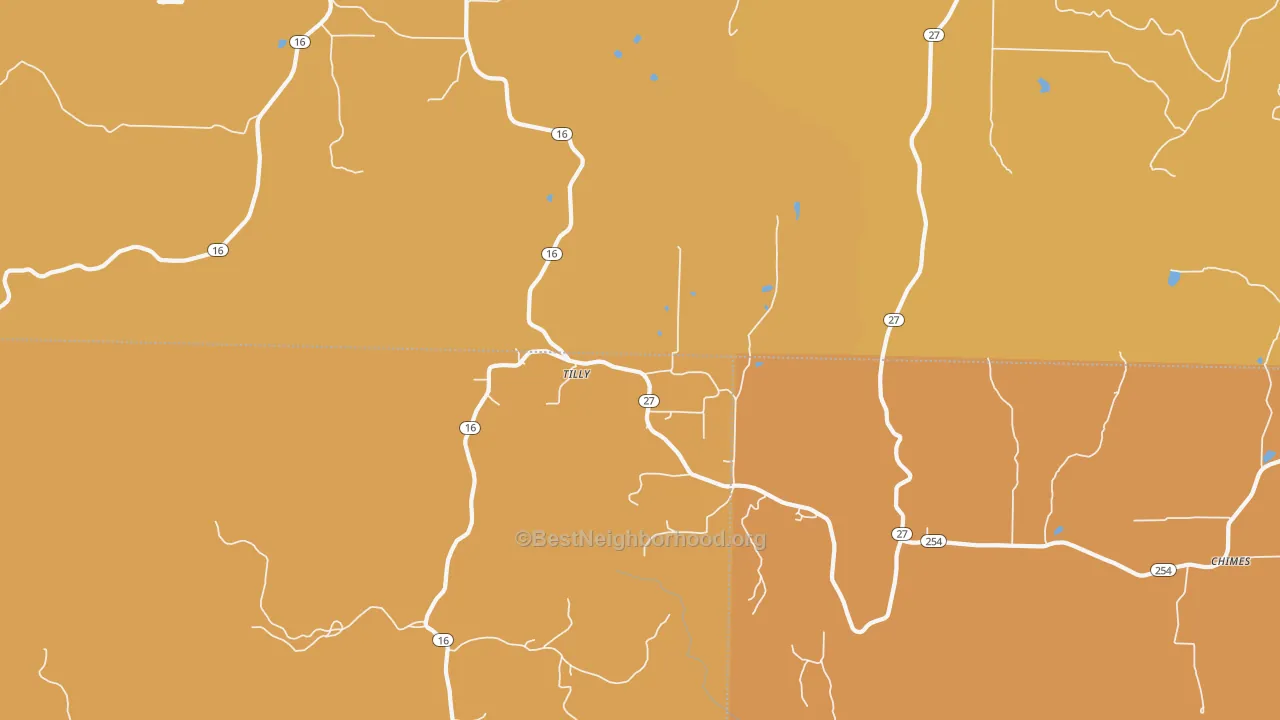 Map of the best neighborhoods in the Tilly area, with better matches in green and worse matches in red