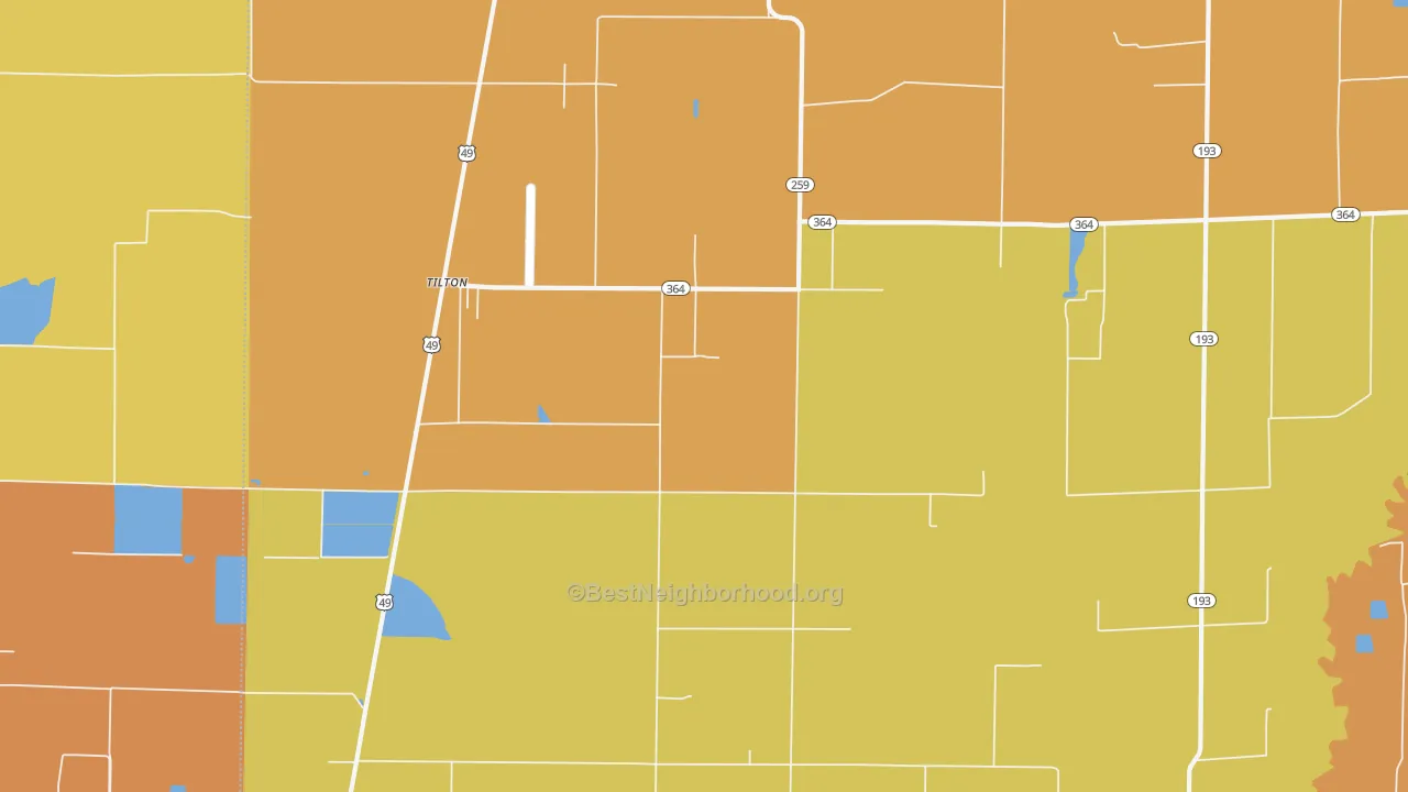 Map of the best neighborhoods in the Tilton area, with better matches in green and worse matches in red
