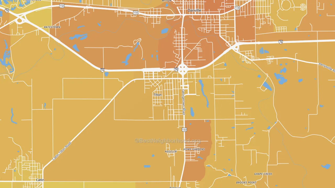 Map of the best neighborhoods in the Tilton area, with better matches in green and worse matches in red