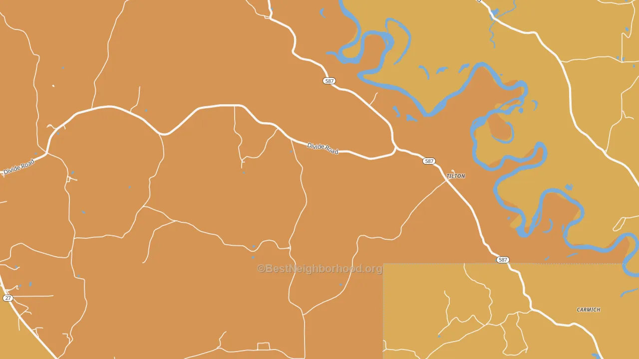 Map of the best neighborhoods in the Tilton area, with better matches in green and worse matches in red