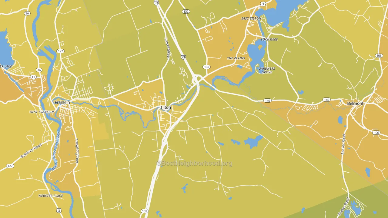 Map of the best neighborhoods in the Tilton area, with better matches in green and worse matches in red