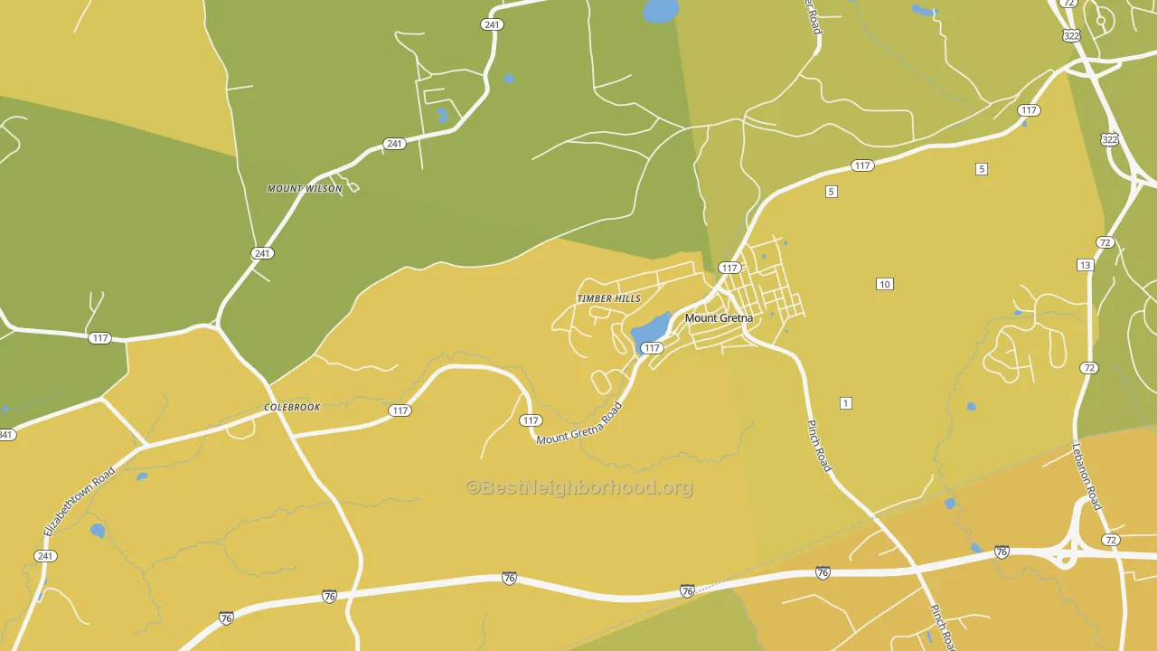Map of the best neighborhoods in the Timber Hills area, with better matches in green and worse matches in red