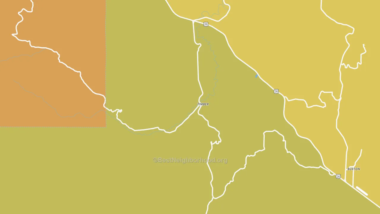 Map of the best neighborhoods in the Timber area, with better matches in green and worse matches in red