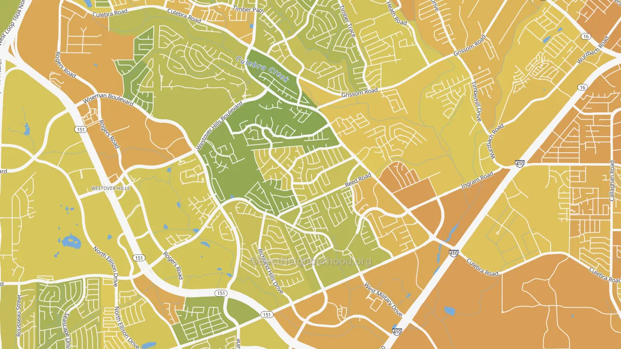 Map of the best neighborhoods in the Timber Ridge, San Antonio area, with better matches in green and worse matches in red
