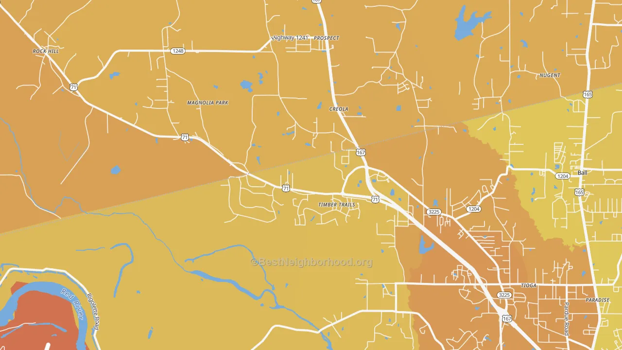 Map of the best neighborhoods in the Timber Trails area, with better matches in green and worse matches in red
