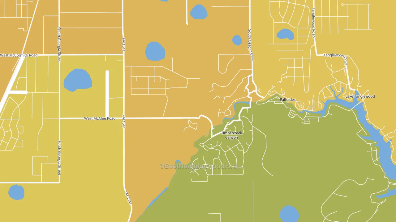 Map of the best neighborhoods in the Timbercreek Canyon area, with better matches in green and worse matches in red