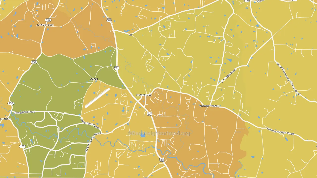 Map of the best neighborhoods in the Timberlake area, with better matches in green and worse matches in red