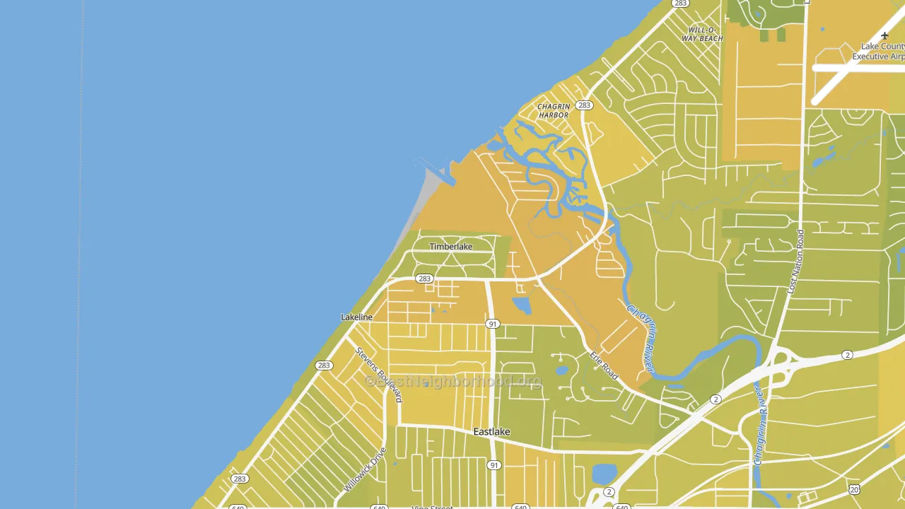 Map of the best neighborhoods in the Timberlake area, with better matches in green and worse matches in red