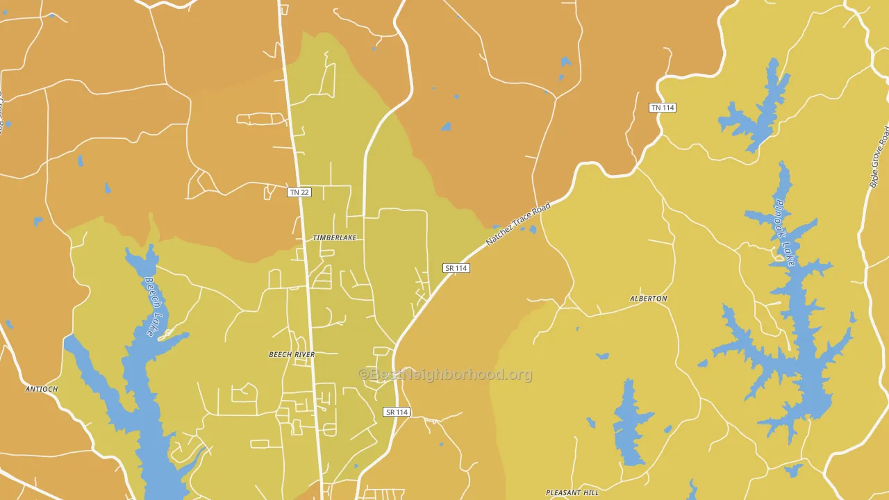 Map of the best neighborhoods in the Timberlake area, with better matches in green and worse matches in red