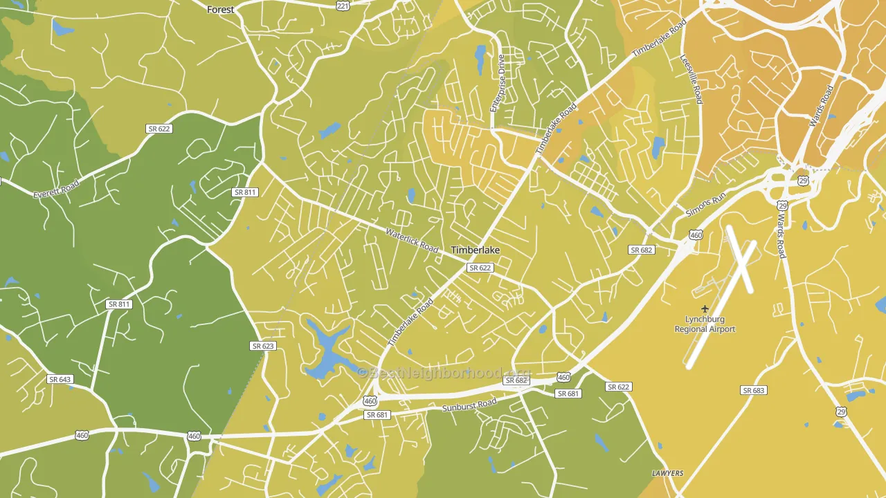 Map of the best neighborhoods in the Timberlake area, with better matches in green and worse matches in red