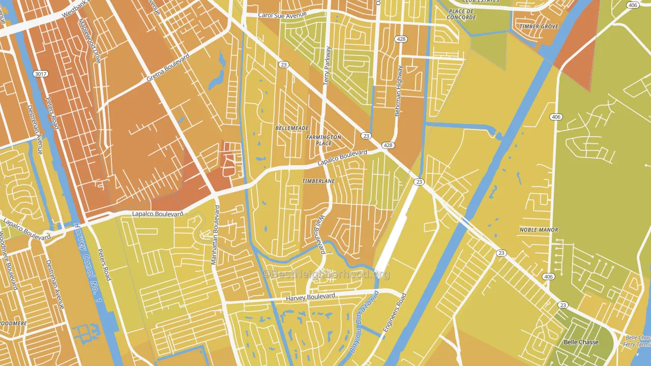 Map of the best neighborhoods in the Timberlane area, with better matches in green and worse matches in red