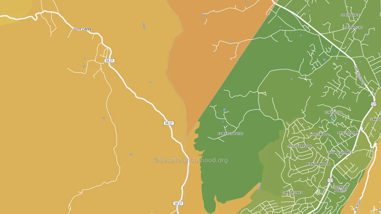 Map of the best neighborhoods in the Timberlinks area, with better matches in green and worse matches in red