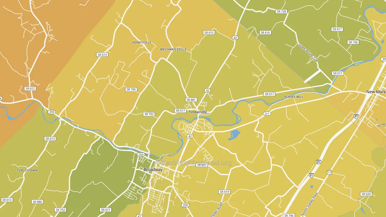 Map of the best neighborhoods in the Timberville area, with better matches in green and worse matches in red