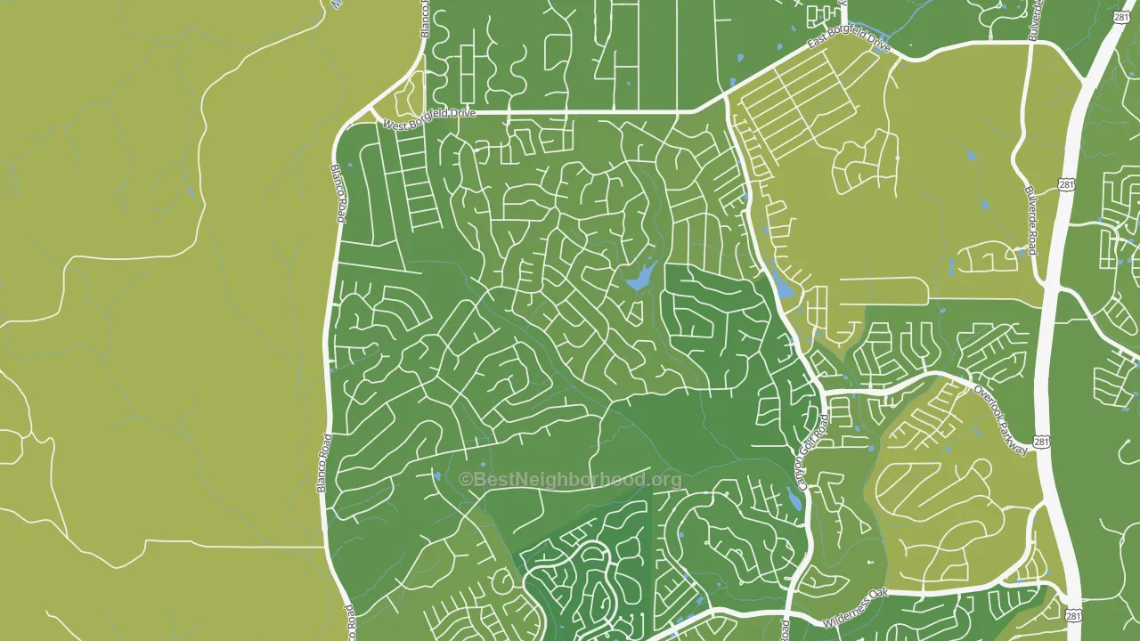 Map of the best neighborhoods in the Timberwood Park, San Antonio area, with better matches in green and worse matches in red