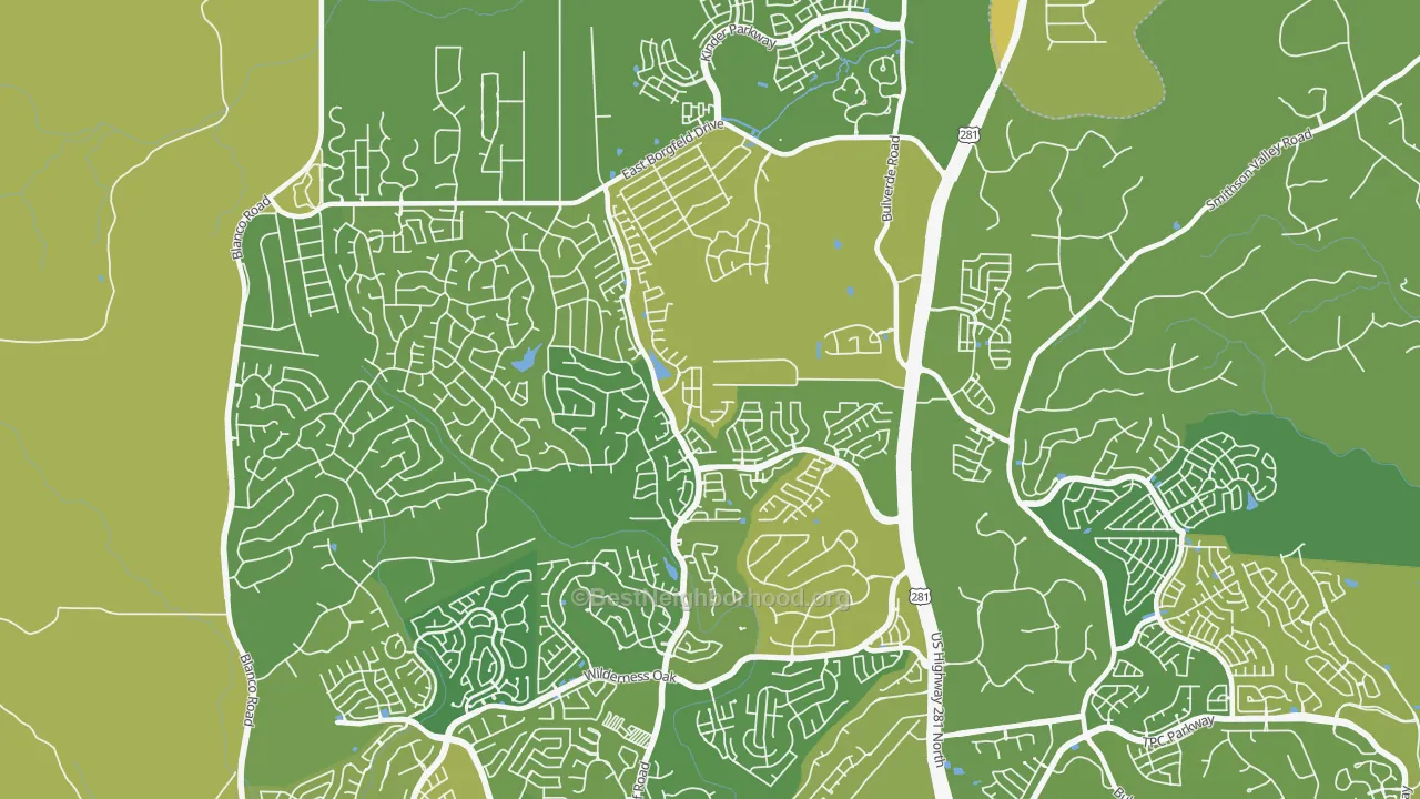 Map of the best neighborhoods in the Timberwood Park area, with better matches in green and worse matches in red