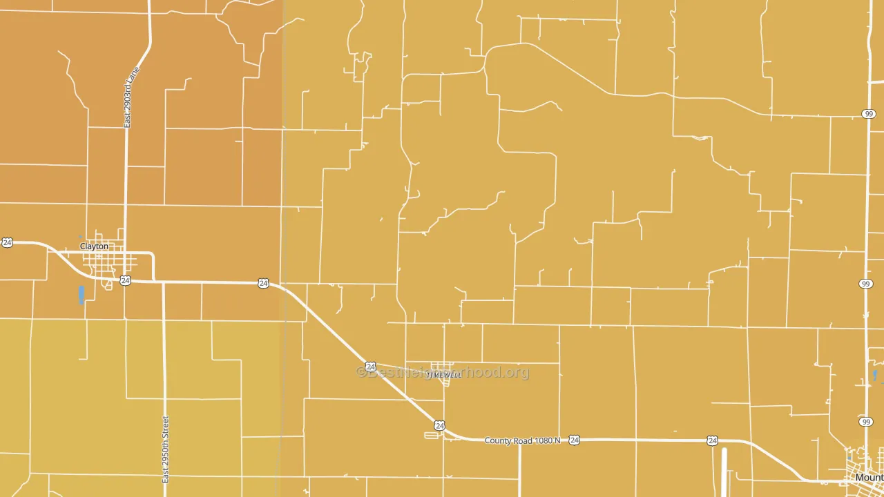 Map of the best neighborhoods in the Timewell area, with better matches in green and worse matches in red