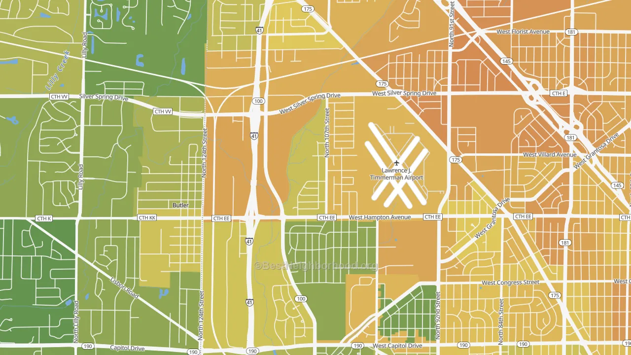 Map of the best neighborhoods in the Timmerman West, Milwaukee area, with better matches in green and worse matches in red