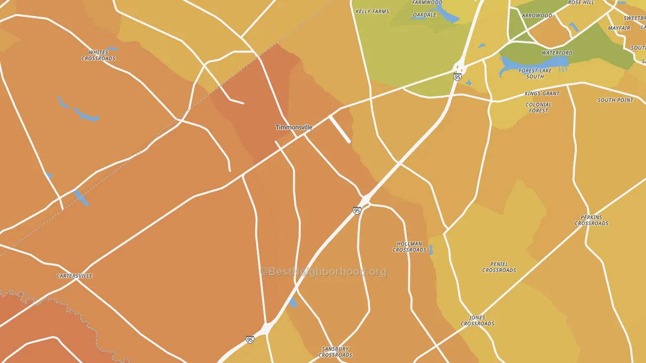 Map of the best neighborhoods in the Timmonsville area, with better matches in green and worse matches in red