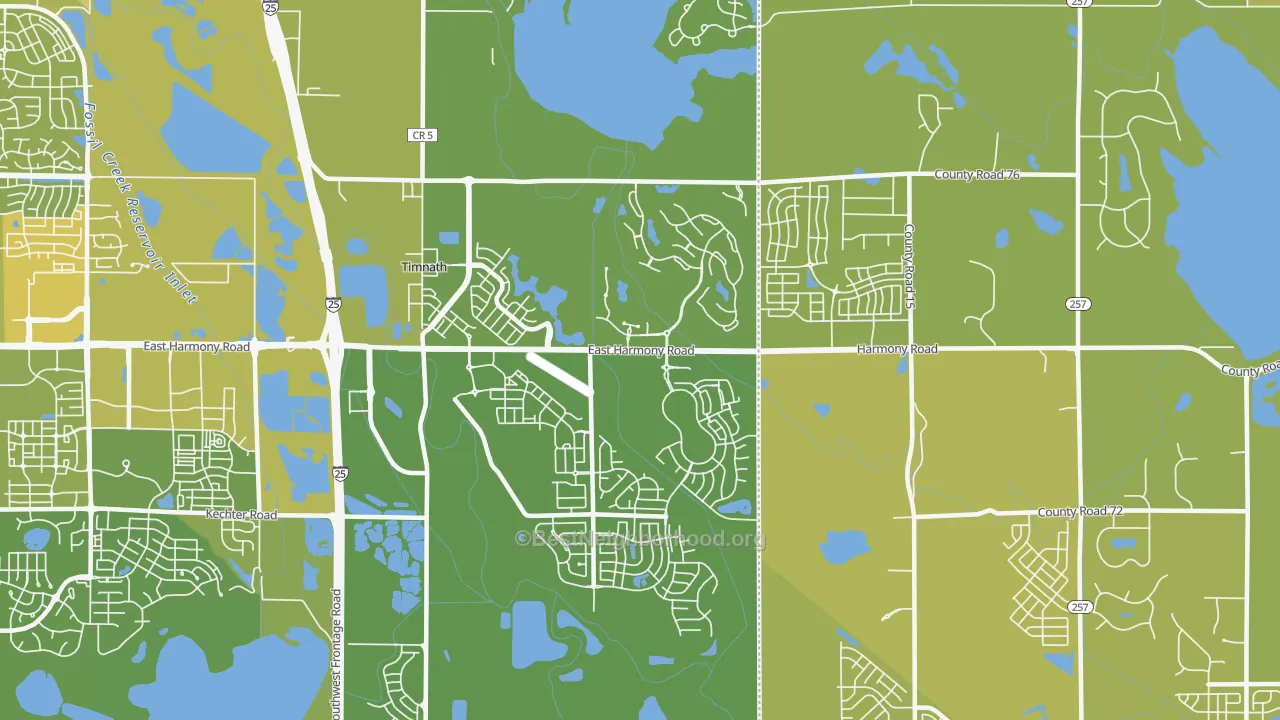 Map of the best neighborhoods in the Timnath area, with better matches in green and worse matches in red