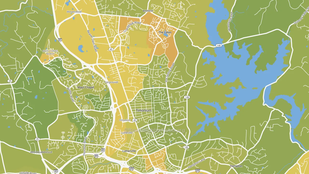 Map of the best neighborhoods in the Timonium area, with better matches in green and worse matches in red