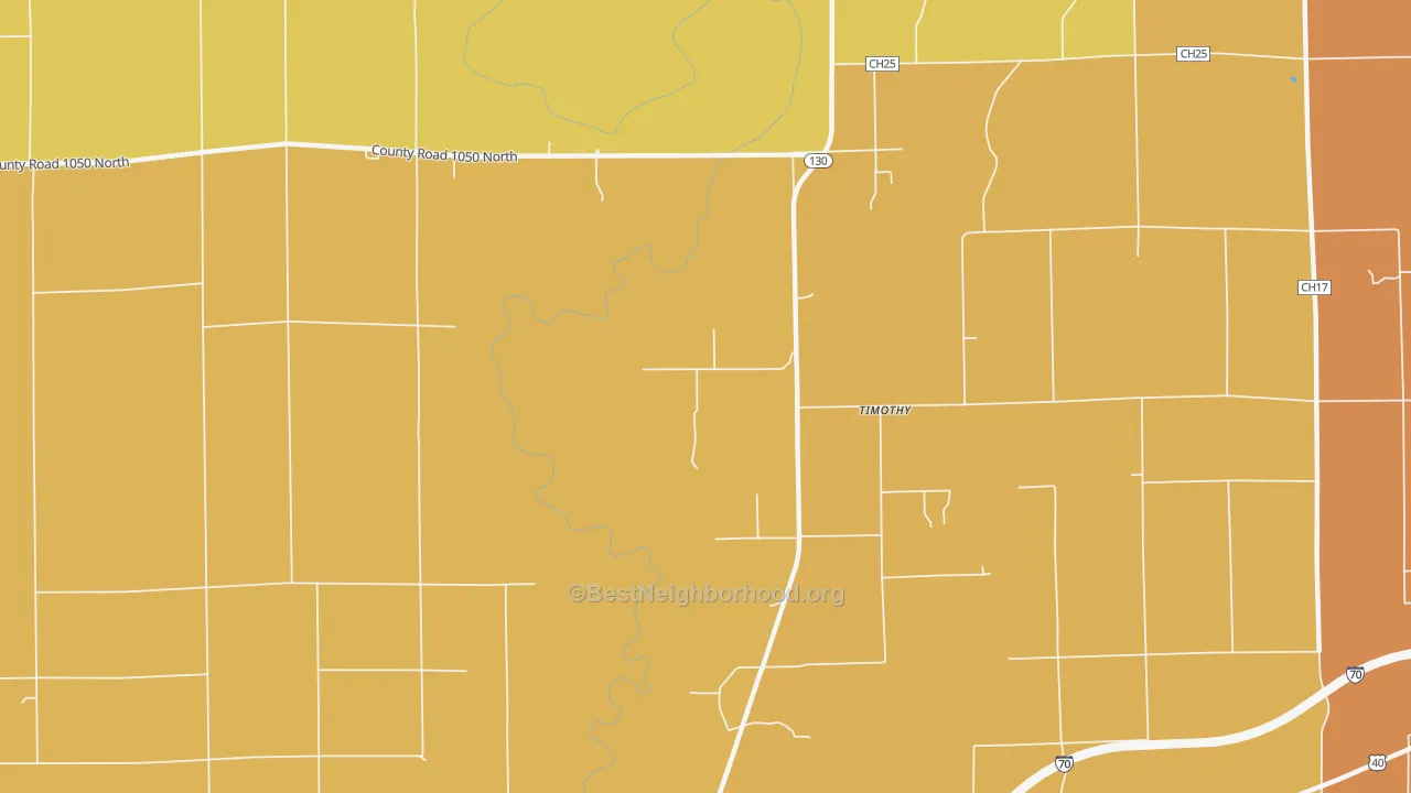 Map of the best neighborhoods in the Timothy area, with better matches in green and worse matches in red