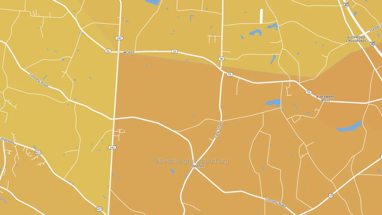 Map of the best neighborhoods in the Timothy area, with better matches in green and worse matches in red