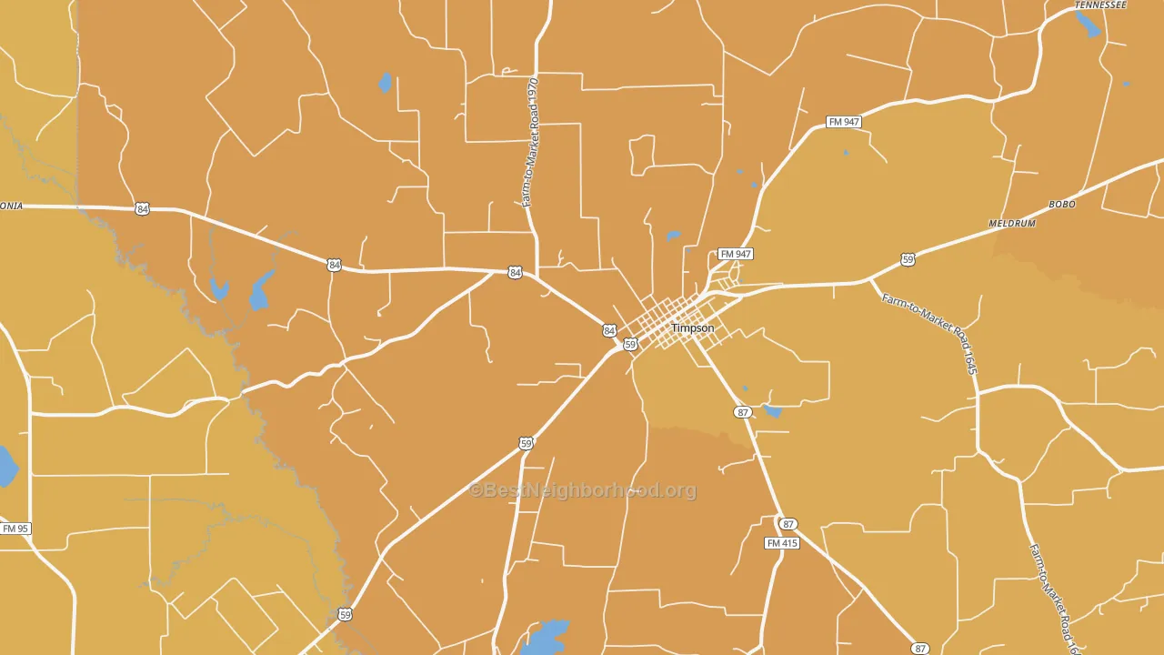 Map of the best neighborhoods in the Timpson area, with better matches in green and worse matches in red