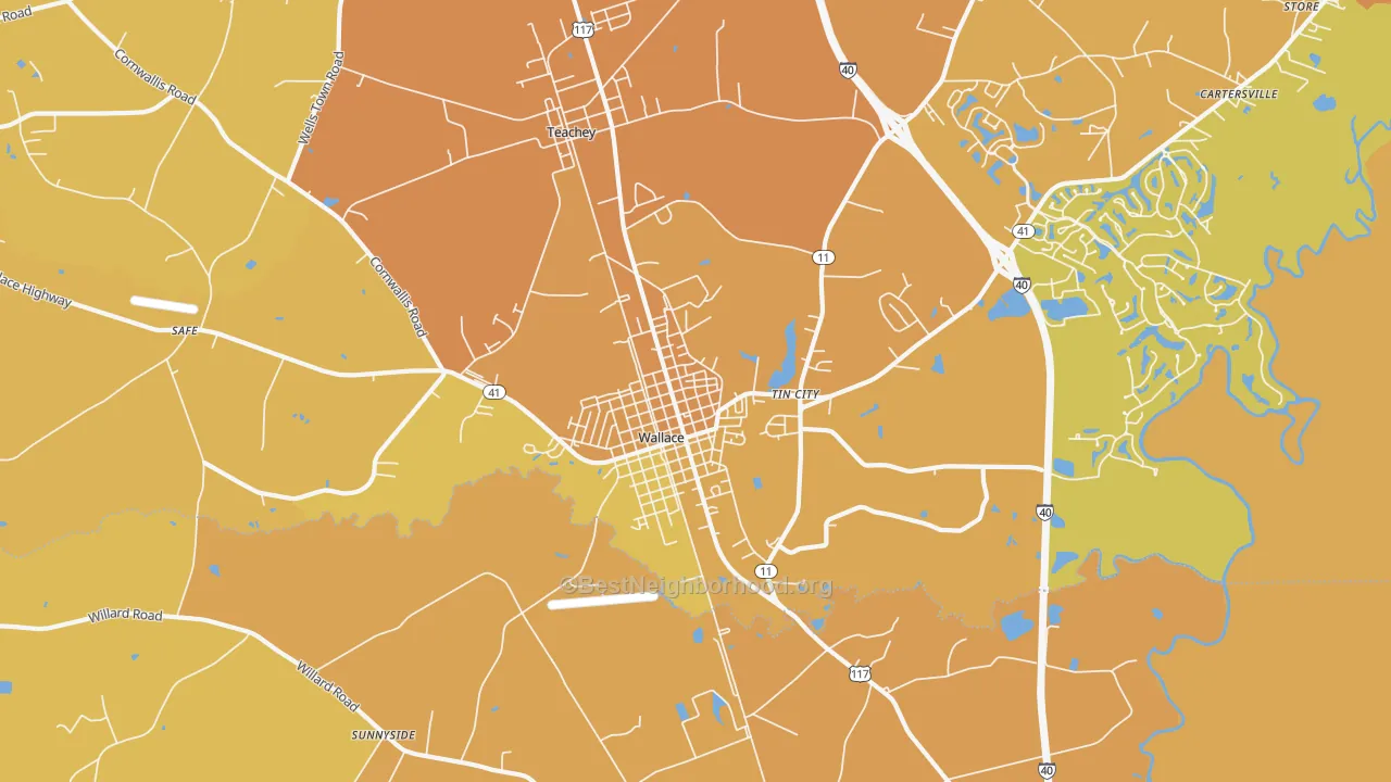 Map of the best neighborhoods in the Tin City area, with better matches in green and worse matches in red