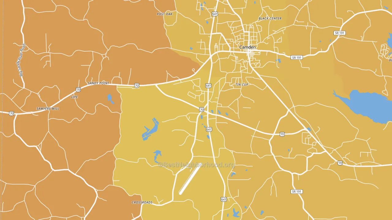 Map of the best neighborhoods in the Tin Cup area, with better matches in green and worse matches in red