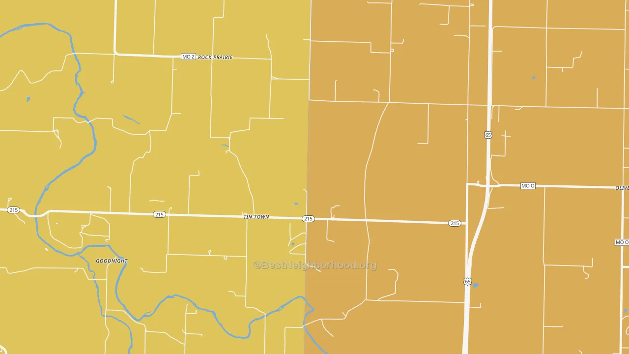 Map of the best neighborhoods in the Tin Town area, with better matches in green and worse matches in red