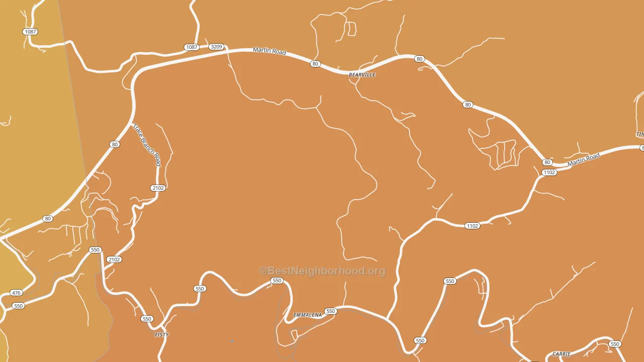 Map of the best neighborhoods in the Tina area, with better matches in green and worse matches in red