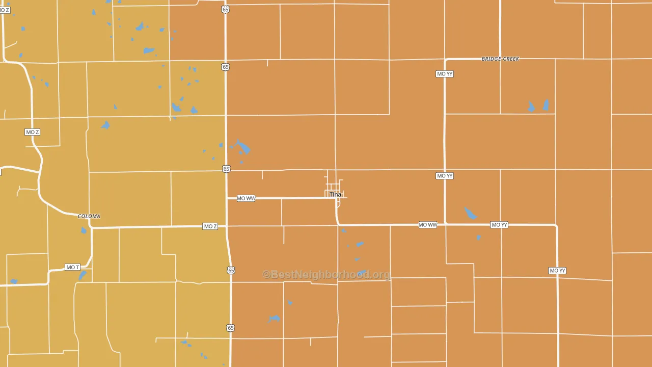 Map of the best neighborhoods in the Tina area, with better matches in green and worse matches in red