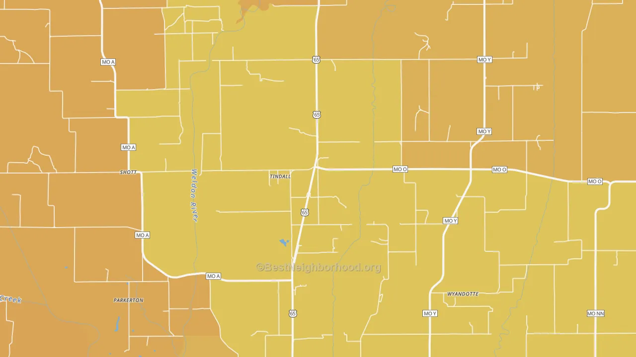 Map of the best neighborhoods in the Tindall area, with better matches in green and worse matches in red