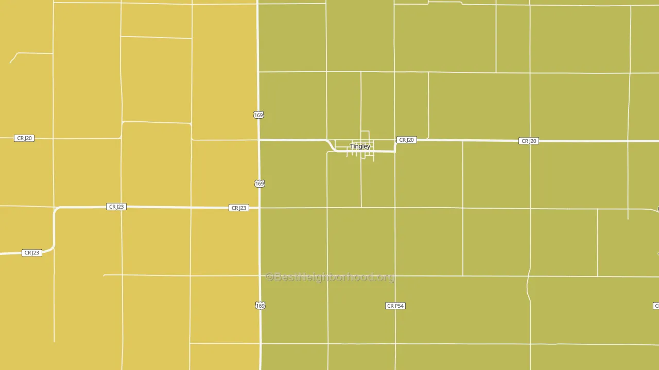 Map of the best neighborhoods in the Tingley area, with better matches in green and worse matches in red