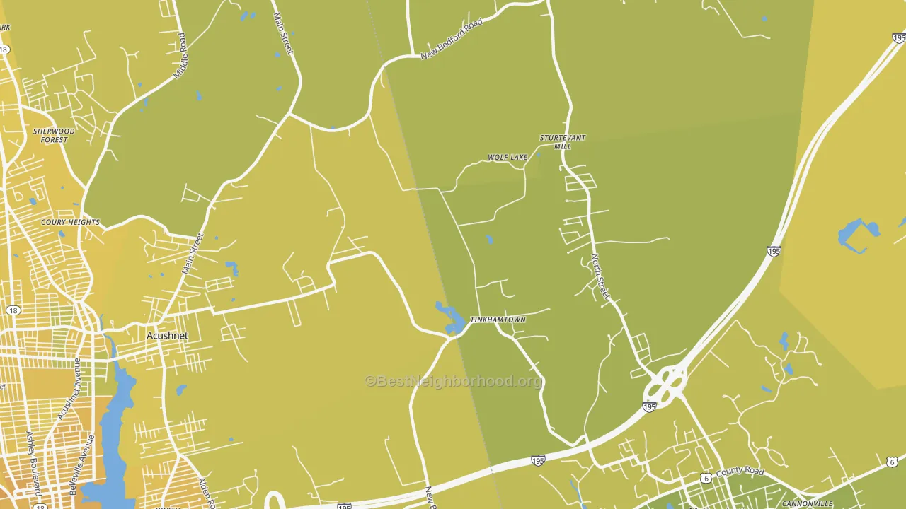 Map of the best neighborhoods in the Tinkhamtown area, with better matches in green and worse matches in red